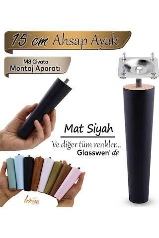 Ahşap Ayak 15 Cm Siyah M8 Civatalı Bağlantı Aparatlı Dolap Mobilya Koltuk Kanepe Destek Ayağı Ayakları Siyah
