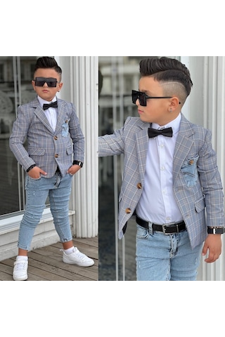 Uğurböceğiçocuk Ekose Denim Detaylı 5'parça Erkek Çocuk Takım 001