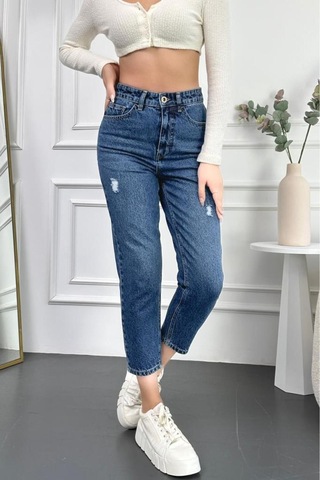 Mavi Yıpratmalı Kadın Boyfriend Jean Yüksek Bel Kot Pantolon Mabel Model 001