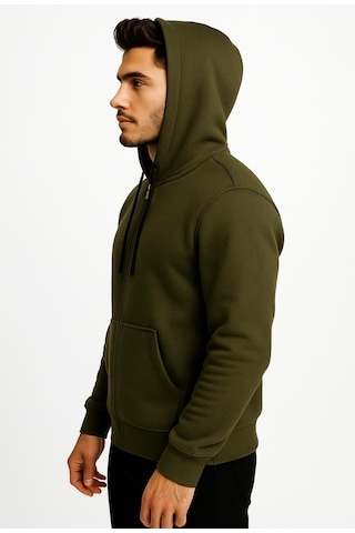 Axxel Erkek Haki Fermuarlı Kapüşonlu Sweatshirt-w590 Haki 3 İplik Şardonlu