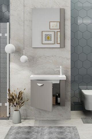 Biani Fix Maxila 60 cm Banyo Dolabı,Seramik Lavabolu, Aynalı,Lavabo Dahil,Mdf,Latte