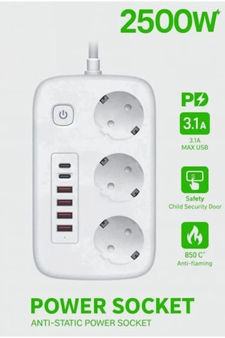 Akım Korumalı Priz Ve Masaüstü Şarj İstasyonu Kablosuz 3 Priz, 4 Usb, 2 Type-c Girişli 2 Metre 0 - 2 M
