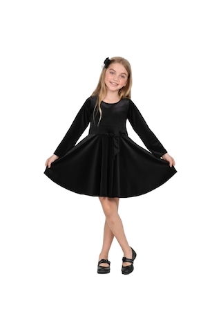 Kız Çocuk Kadife Elbise-içi Tüllü Ve Fiyonk Süslemeli 7-12 Yaş 12427 Siyah