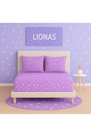 Desenli 160 X 200 Cm Çift Kişilik Lila Yıldız Lastikli Çarşaf Ve 2 Adet Yastık Kılıfı Lila