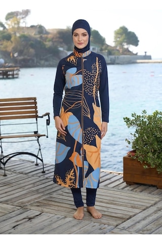 Estiva 25981 Siyah Dijital Desenli Tam Boy Lycralı Tesettür Mayo Lacivert