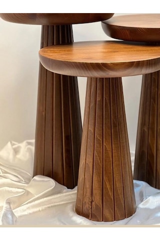 Wood Wooden 3 Lü Set Fitilli Mantar Yan Sehpa Modern