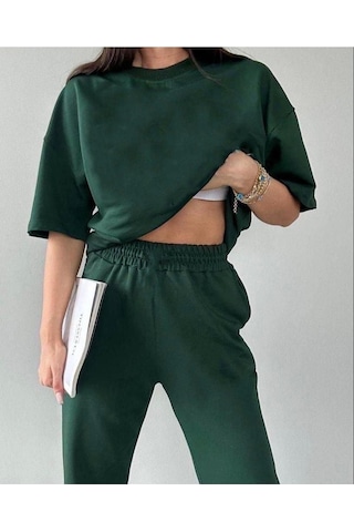 Basic T-shirt Eşofman Altı Jogger - Yeşil Düz Alt Üst Eşofman Takımı Oversize Bisiklet Yaka Yeşil