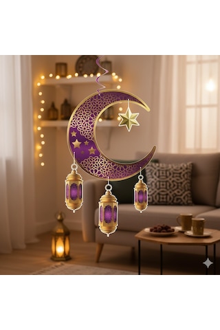 90x30 Cm Ramazan Süs Sarkıt - Ayyıldız Kandil Tavan Süsü Mor