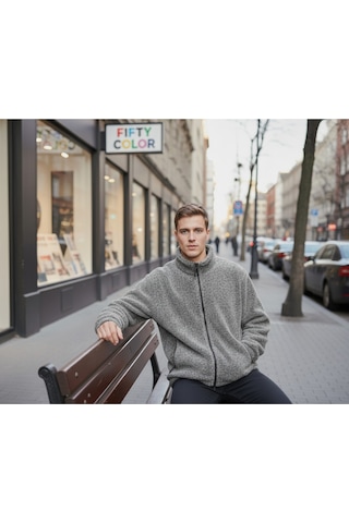 Gri Premium Kalite Dik Yaka, Fermuarlı, Polarlı, Peluş Ceket Gri