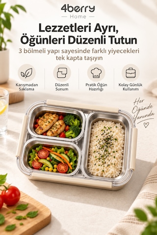 4berry Home 740 Ml 3 Bölmeli 304 Paslanmaz Çelik Termos Yemek Kabı Sızdırmaz Kapaklı, Isı Korumalı Beslenme Kutusu Krem-bej