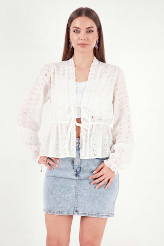 Lela Pamuklu Brode İşlemeli Bağlamalı Bluz Bayan Bluz 5866848 Ekru
