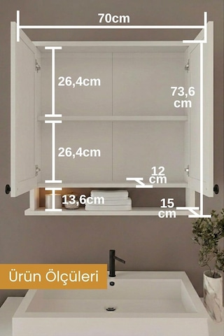 Ad-3 Raflı Banyo Dolabı, 2 Kapaklı Lavabo Üstü Aynalı Banyo Dolabı - Beyaz Çok Renkli