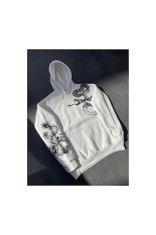 Butik İstanbul Uzun Kol Kapşonlu Baskılı Sweatshirt - Beyaz