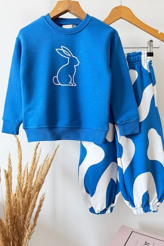 Monila Kız Çocuk 3 İplik Pamuklu Mavi Tavşan Baskılı Sweatshirt Ve Baskılı Altlı Alt Üst Takım