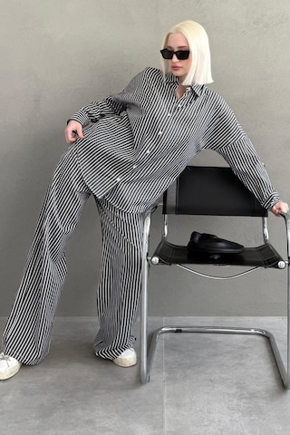 Madmext Siyah Çizgili Gömlek Pantolon Kadın Takım Mg2457 Siyah