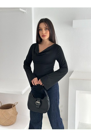 Ckm Moda Drapeli Uzun Kollu Bluz Siyah