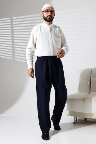 Erkek Beli Lastikli Cepli Hac Ve Umre Kışlık Yün Efektli Şalvar Pantolon - Lacivert İsr Lacivert