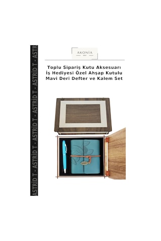 Toplu Sipariş Kutu Aksesuarı İş Hediyesi Özel Ahşap Kutulu Mavi Deri Defter Ve Kalem Set Çok Renkli