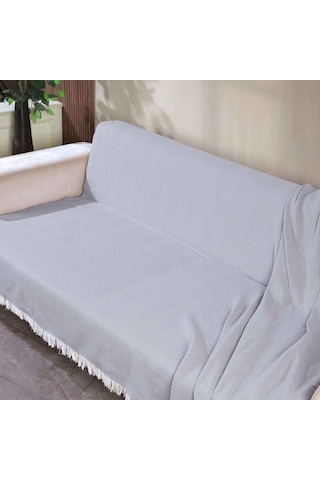 170 210 Cm Pamuklu Önden Saçaklı 170x210 Koltuk Örtüsü 2'li Paket Açık Gri