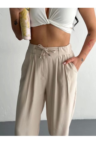 Kadın Yüksel Bel Beli Bağcıklı Rahat Boru Paça Pantalon - Kırık Beyaz Kırık Beyaz