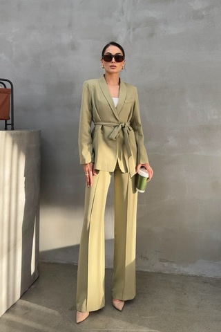 Msm Fashion Kadın İkili Kuşaklı Blazer Ceket Pantolon Takım Açık Haki