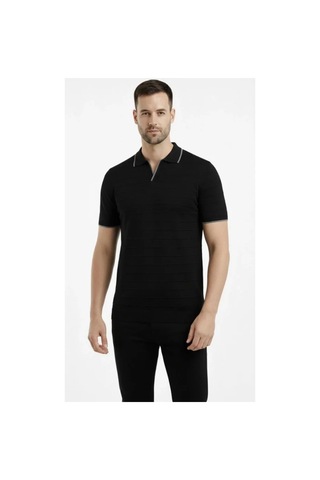 Butik İstanbul Erkek Triko Kumaş Yakalı Düğmesiz Açık Yaka Fitilli Kısa Kollu Regular Fit Tişört T-shirt - Siyah