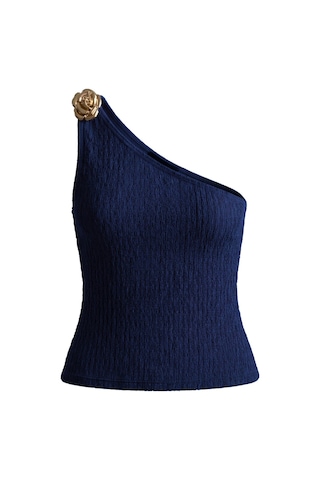 Cottonhıll Premium - Tide Collection Lacivert Tek Omuz Çiçek Aksesuarlı Bürümcük Dokulu Kadın Crop Bluz