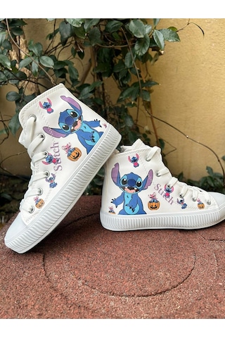 Scarpe Magiche Kız Çocuk Stitch Baskılı Günlük Spor Ayakkabı Sevimli Karakter Desenli Beyaz