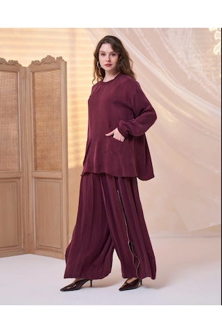 Misswhence İçi Pantolonlu Cupra İpek Tunik Şalvar Takım 39004 Bordo Bordo