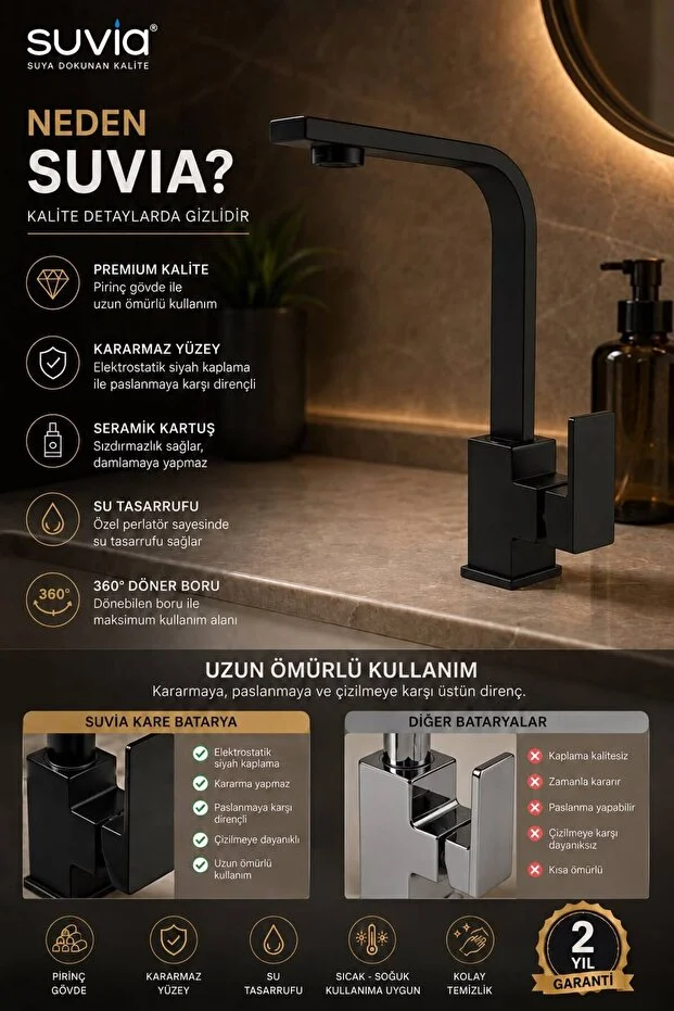 Lavabo Bataryası Siyah Kare 360 Döner Borulu Banyo Musluğu Pirinç Gövde