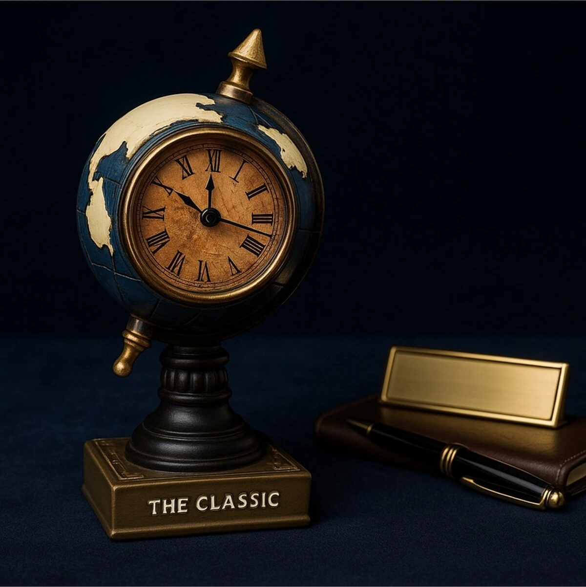 Çalışma Masanıza Klasik Asil Tasarım Nostaljik Masa Saati Biblosu Dünya Küresi Antika Saat 19 Cm-m Renkli