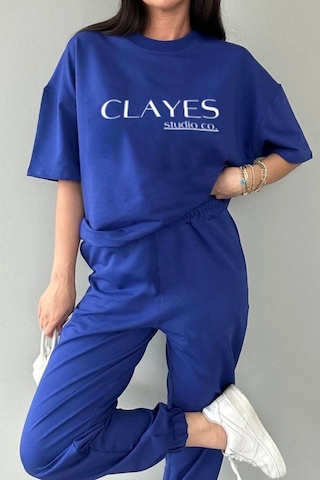 Studio Co Baskılı Saks Mavi T-shirt Eşofman Altı Takım - Oversize Bisiklet Yaka Saks Mavi