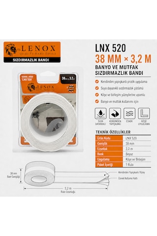 Lenox Lnx 520 Banyo Ve Mutfak Sızdırmazlık Bandı 38 Mm X 3,2 M, Beyaz, Kendinden Yapışkanlı