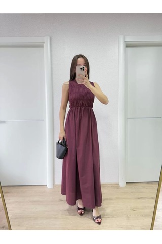 Cvs Giyim Kolsuz Göğüs Lastıklı %100 Poplin Uzun Elbise - Bordo Bordo