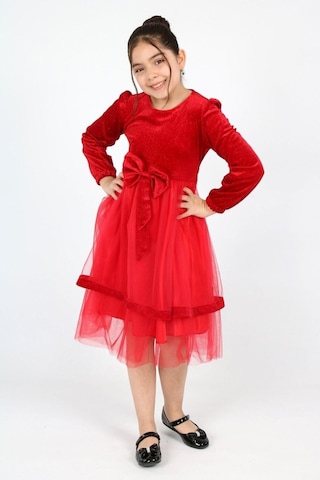 Kız Çocuk Kadife Kumaş Tül Detaylı Diz Boyu Tokalı Elbise Kırmızı