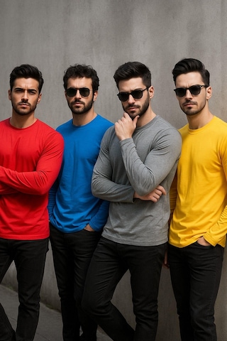 Rich Erkek Sarı-mavi-kırmızı-gri Melanj 4'lü Paket Basic Uzun Kollu Tişört Body T-shirt Çok Renkli