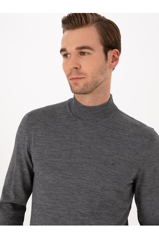 Cacharel Füme Slim Fit Yün Karışımlı Yarım Balıkçı Basic Triko Kazak Gri