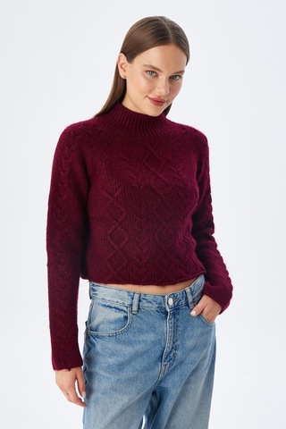 Mixray 6855 Kadın Dik Yaka Saç Örgülü Triko Kazak Bordo Bordo