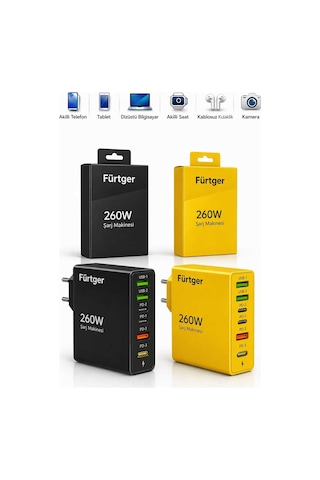 Fürtger German Frt-25w S 2 Li Set 260w 3 Type-c + 3 Usb-a Toplam 6 Çıkışlı Süper Hızlı Şarj Aleti Siyah + Sarı Fürtger German Frt-25w S 2 Li Set 260w 3 Type-c + 3 Usb-a Toplam 6 Çıkışlı Süper Hızlı Şarj Aleti Siyah + Sarı