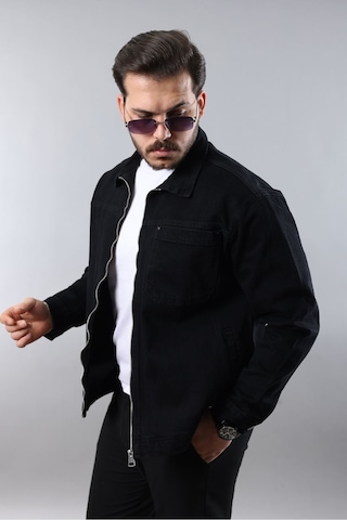 Erkek Regular Fit Siyah Spor Model Fermuarlı Kot Ceket Siyah