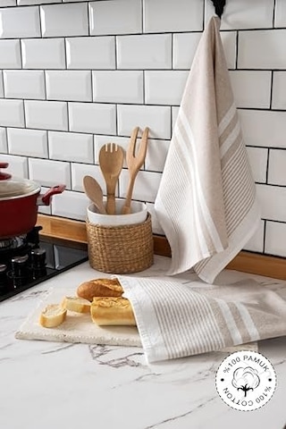 Vionel Home 2&apos Li Mutfak Kurulama Bezi,%100 Pamuk Yüksek Su Emici, Beslenme Örtüsü, Çok Amaçlı Servis Peçetesi 45x60cm Bej Açık Bej
