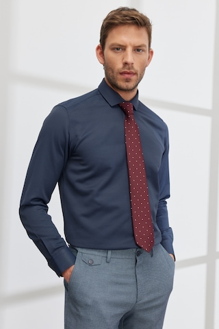 AC&Co / Altınyıldız Classics Erkek LACI Kolay Ütülenebilir Slim Fit Dar Kesim İtalyan Yaka Armürlü Gömlek Lacivert