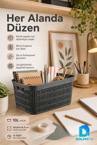 Jute Çok Amaçlı Kutu 10 L Plastik Mutfak Banyo Dolap İçi Düzenleyici Siyah
