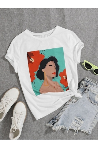 Kadın Beyaz Oversize Floral Baskılı T-shirt Beyaz-67224