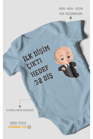 Morivokids İlk Dişim Çıktı Hedef 32 Diş Kısa Kollu Bebek Body Bebe Mavisi
