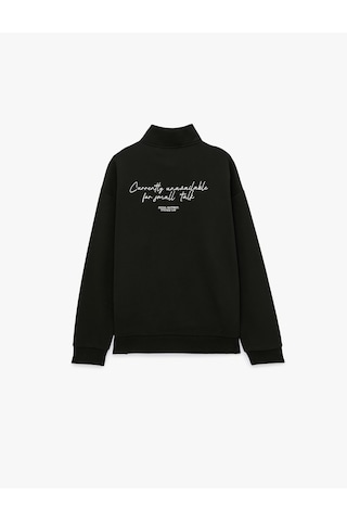 Koton Uzun Kollu Üç İplik Şardonlu Rahat Kalıp Baskılı Yarım Fermuarlı Yaka Sweatshirt Siyah 7wam70262mk