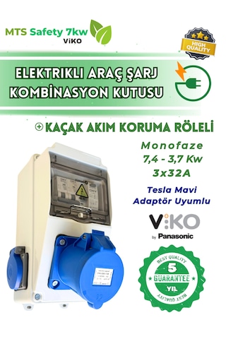 7.4 Kw 3/32 A Vıko Tesla Mavi Adaptör Uyumlu Seyyar Elektrikli Araç Şarj Cihazı İstasyonu Kombinasyon Panosu Kutusu 7kw 7,4 KW