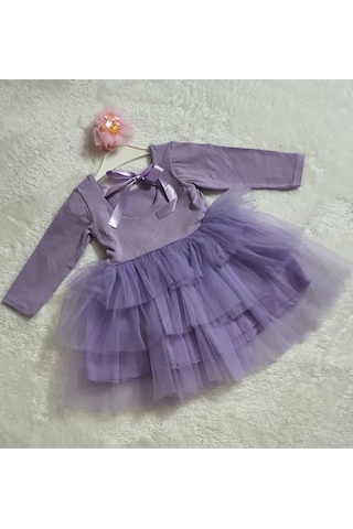 Kız Çocuk Kat Kat Tütülü Pamuklu Uzun Kollu Mor Özel Gün Abiye Doğum Günü Günlük Prenses Elbise Mor