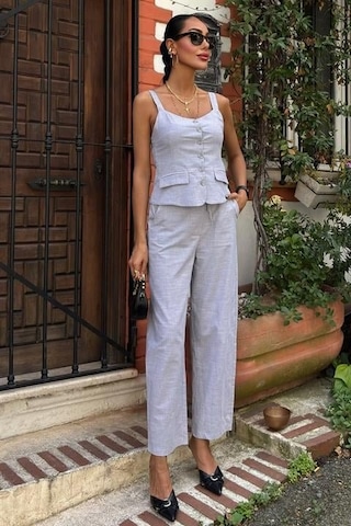 Munn Collection Kalın Askılı Bluz Pantolon Keten Takım 10187 Gri