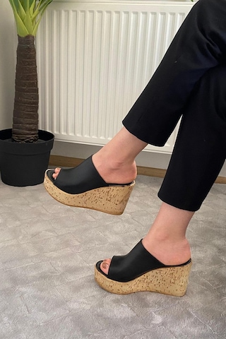 Asmi Shoes Kadın Limo Siyah Dolgulu Mantar Taban Terlik 10 Cm Siyah Siyah